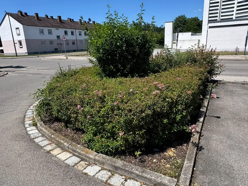 Rundes Strauchbeet an einer Straßenecke mit Pflastereinfassung