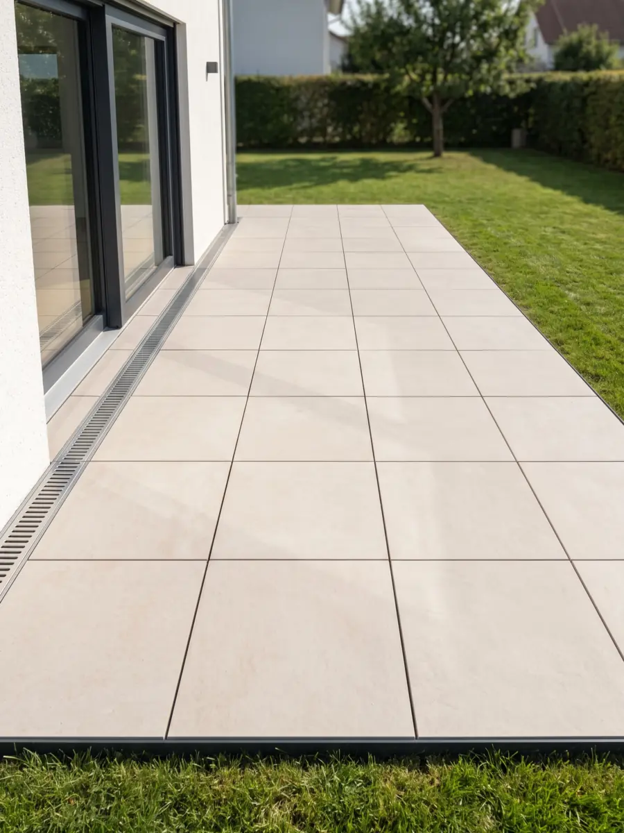 Neu angelegte Terrasse mit großformatigen Platten und sauberem Anschluss an Haus und Rasen