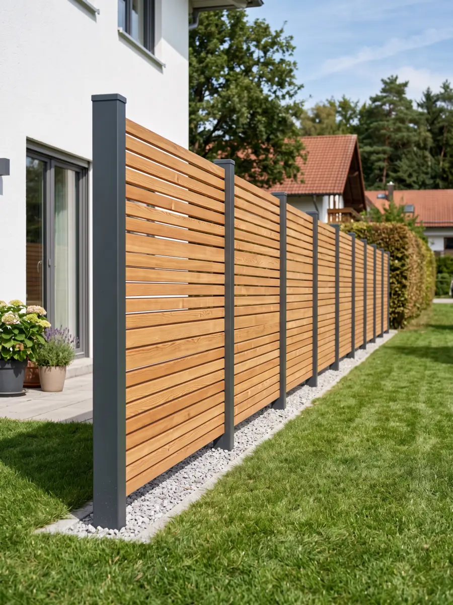 Gerade montierter Sichtschutzzaun aus Holz mit gleichmäßig gesetzten dunklen Metallpfosten